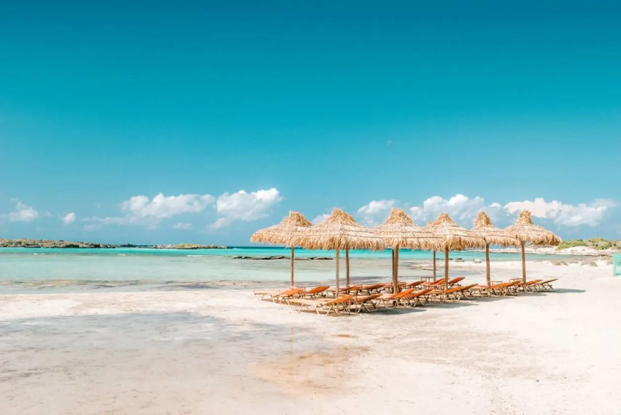 Empty sunbeds on Elafonissi beach, Crete Greece